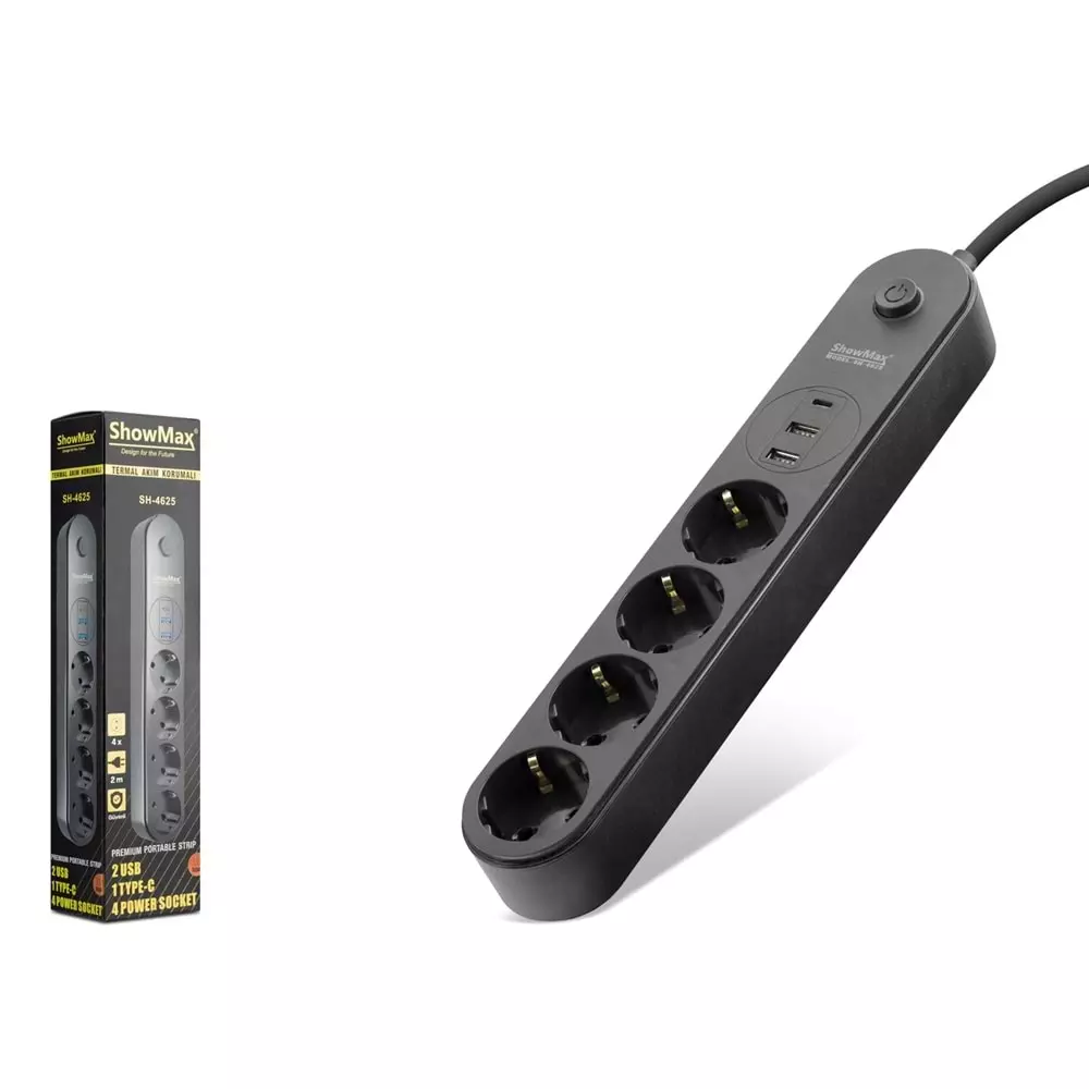 SHOWMAX SH4625 TERMAL AKIM KORUMALI 4*PRİZ + 2*USB + TYPE-C 2M SİYAH