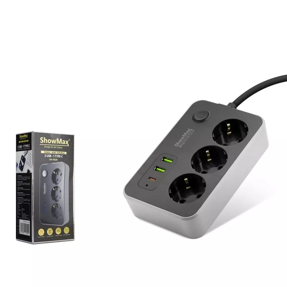 SHOWMAX SH4626 TERMAL AKIM KORUMALI 3*PRİZ + 2*USB + TYPE-C 2M SİYAH