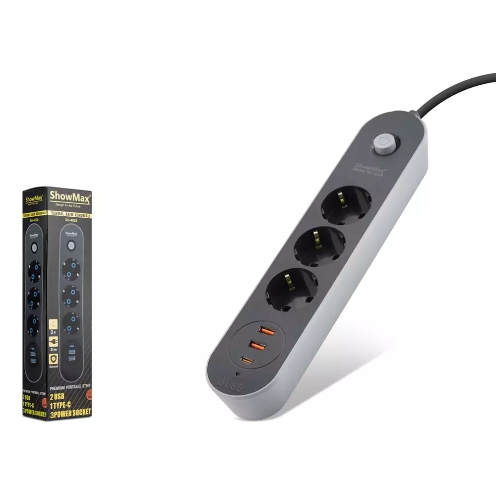 SHOWMAX SH4628 TERMAL AKIM KORUMALI 3*PRİZ + 2*USB + TYPE-C 2M SİYAH