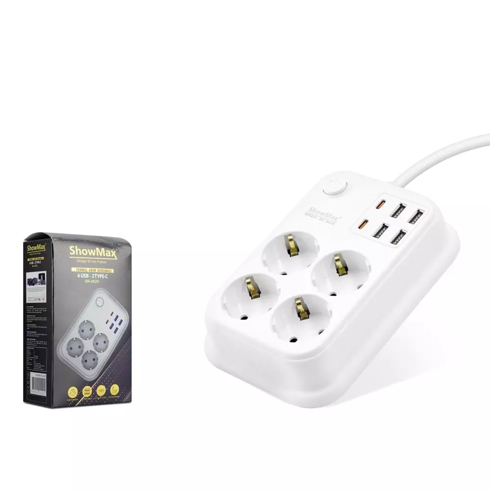 SHOWMAX SH4629 TERMAL AKIM KORUMALI 4*PRİZ + 4*USB + 2*TYPE-C 2M BEYAZ